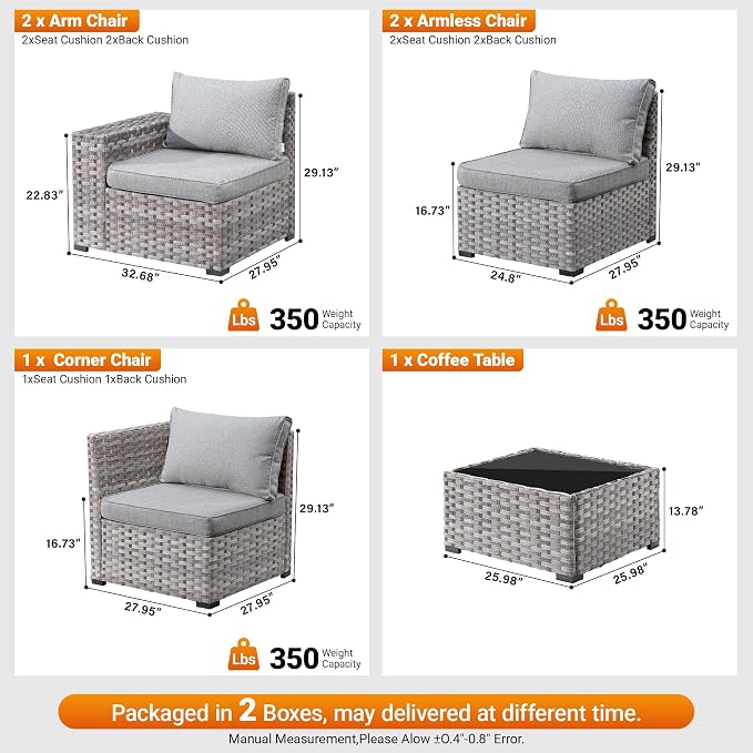 6 Pieces Patio Furniture Set, Outdoor Wicker Sectional Sofa with 7.7" Extra Wide Armrests, Modern Rattan Modular Conversation Set with Thickened Deep Seat Cushions for Garden, Backyard, Dark Gray