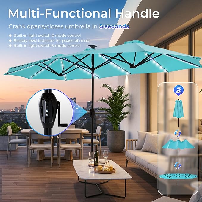 SUPERJARE 13ft Outdoor Patio Umbrella with Solar Lights, Double-sided Deck Pool Umbrella with 1.5 Inch Pole, Fade Resistant Canopy, 12 Sturdy Ribs, for Porch, Market, Backyard, Light Blue(No Base)