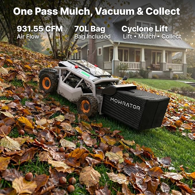Mowrator S1 4WD 18Ah Remote Control Lawn Mower with Deformable Tires, All-Season Yard Care, 119% (50°) Slope Climbing, with Leaf Shredding Vacuum, 21" Width, 1.5–4.3" Cutting Height, Up to 1.12 Acres
