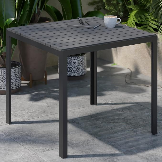 Flash Furniture Harris Commercial Indoor/Outdoor Patio Table - Black Poly Resin Slatted Top - Black Steel Frame - Seating for 4