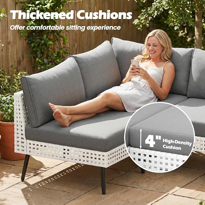 Vikiullf Patio Sectional Sofa Set, White Wicker Outdoor Furniture with 4" High-Density Cushions, Deep Seating Conversation Set with Coffee Table (8-Pieces)