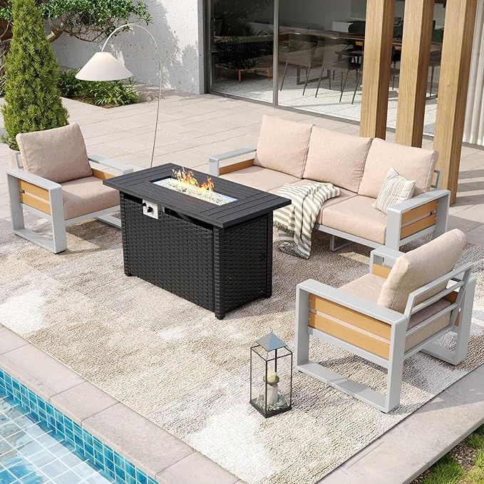 Aoxun Aluminum Patio Furniture Set with Fire Pit Table, 5 Seats Luxury Outdoor Sectional with 6" Olefin Fabric Cushions, Patio Conversation Sets with Coffee Table for Backyard, Deck Beige