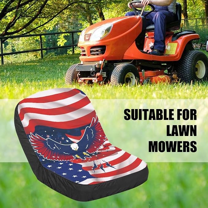 Lawn Mower Seat Cover Craftsman American Flag Eagle Print Tractor Accessories Adjustable Durable Tractor Seat Protective Cover for Lawn Mowers & Tractors