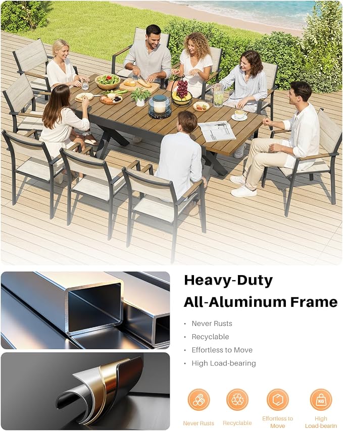 9-Piece Expandable Patio Dining Set, 8 Stackable Double-Layer Textilene Chairs and 63''-83'' Expandable Patio Dining Table, Never-Rust Aluminum Outdoor Dining Table Set for Deck, Indoor, Teak