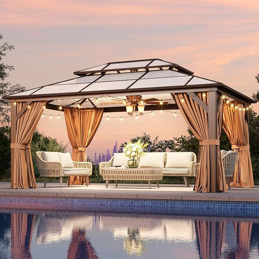 Aoxun 12'x14' Hardtop Gazebo, Outdoor Metal Gazebo with Double Polycarbonate Roof Canopy, Permanent Pavilion with Netting and Curtains for Lawn, Garden, Patio