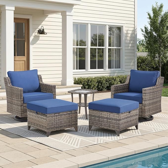 Belord Patio Wicker Swivel Rocker Patio Chairs with Side Table, Outdoor Rattan Chairs for Deck Porch Garden, 5 Piece Luxury Patio Furniture Set, Blue