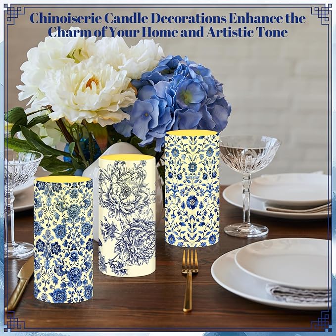 Tiamon 4 Pcs Chinoiserie Flameless Pillar Candles LED Blue and White Porcelain Candles Set Battery Operated Warm Light Flickering Chinoiserie Decor for Wedding Home Table Party Decoration