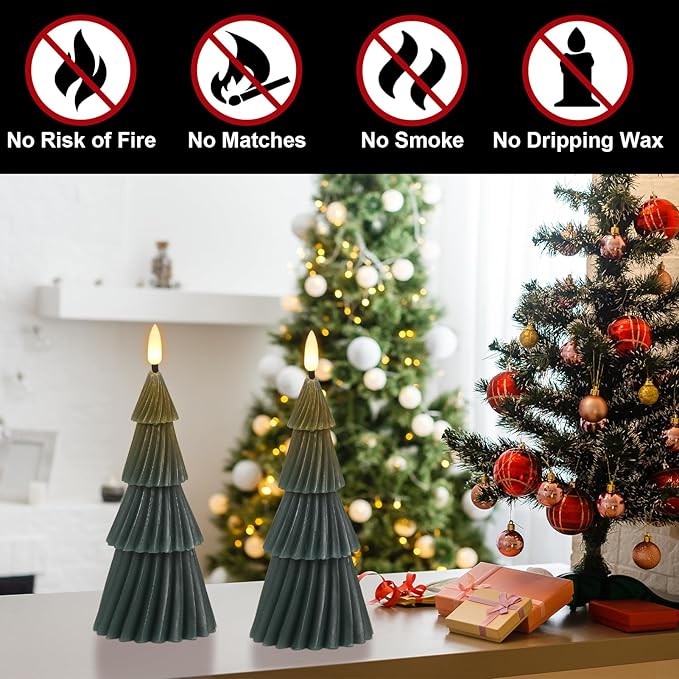 Christmas Tree Spiral Skirt-Shaped Flameless Candles with 6H Timer, 2 Pcs Battery Operated LED Pillar Candle with Flickering 3D Wick, Green Candles for Home Décor Christmas Gifts