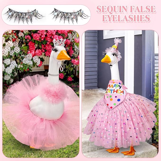 Geelin 7 Pcs Porch Goose Outfit Eyelash for 23/17'' Plastic Lawn Goose Statue Reusable Mink Fake Lashes End 3D Salon Eyelashes for Lawn Patio Art Decoration(Glitter,Black)