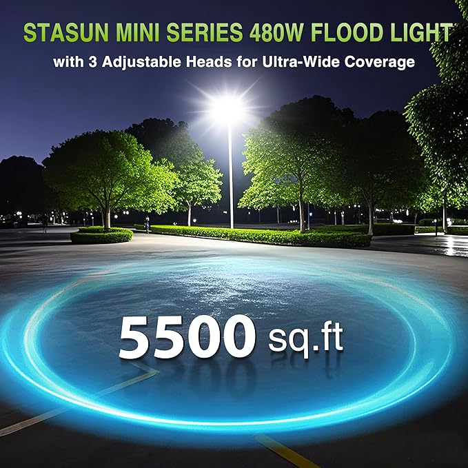 STASUN 480W LED Flood Light, Mini Series Exterior Floodlight, 48000LM 6000K Daylight White, IP66 Waterproof, 3 Adjustable Panels, Outdoor LED Security Lighting for Backyard, Driveway, Parking Lot