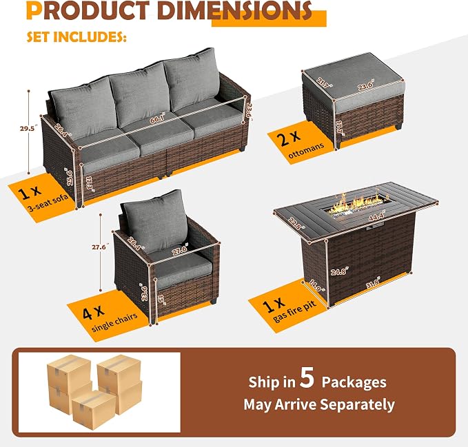 UDPATIO Patio Furniture Set with 44" Fire Pit Table, 8 Pieces Outdoor Sectional Conversation Sets, All-Weather Wicker Rattan Sofa Ottoman with 4" Thick Cushion for Garden Backyard Deck, Dark Grey