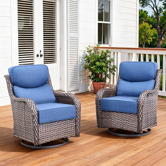 Luxury Outdoor Swivel Rocker Patio Chairs Set of 2 with 6-Inch Thick Cushions, High Back Swivel Patio Chairs Wicker Outdoor Gliders for Porch, Yard, Deck, Poolside, Brown/Blue