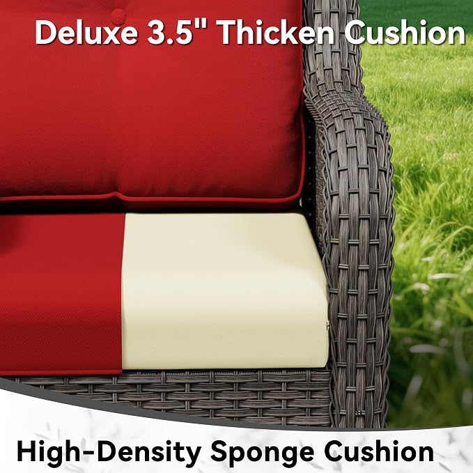 Patio Rocking Chairs Set of 2, Outdoor Wicker Patio Furniture Set 2 Pieces with Thickened Olefin Cushions, High Back and Deep Seating, Hand-Woven PE Rattan for Porch, Deck, Red