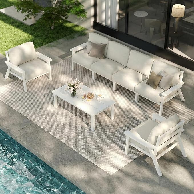 Patio Furniture Set 7 Seats, HDPE Outdoor Sectional with Beige Washable Thick Cushions, Coffee Table, Patio Conversation Sets for Lawn, Garden, Porch, Balcony, Deck (White Frame)