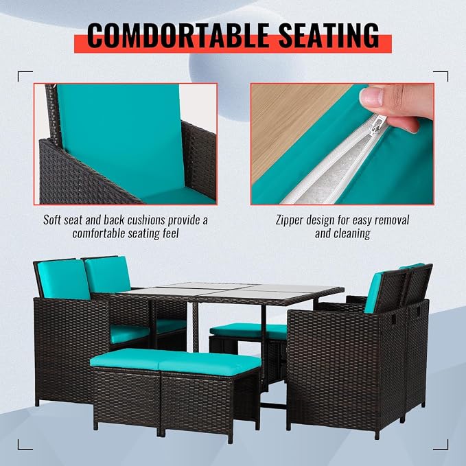 Patio Table and Chairs Set Outdoor Patio Furniture Set Patio Dining Sets 9 Pieces Space Saving Outdoor Dining Set with 4 Chairs 4 Ottomans Glass Table for Outdoor Backyard Porch Poolside Balcony,Blue
