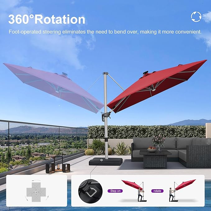 PURPLE LEAF Patio Umbrella with base 10 Feet Outdoor Square Cantilever Umbrella Solar Powered LED with 360-degree Rotation for Garden Deck Pool Patio, Terra