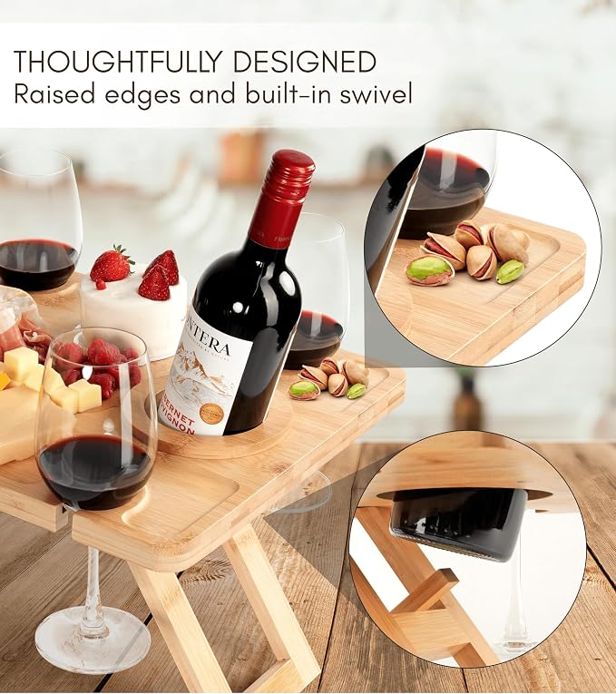 Portable Wine Picnic Table - Foldable Bamboo Snack Tray with Glass & Bottle Holders - Picnic Wine Set for Beach, Camping, Park - Gift for Wine Lovers