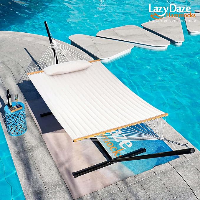 Lazy Daze Hammocks 12 FT Sunbrella Fabric Quilted Hammock Double Sunbrella Quilted Hammock with Spreader Bars & Pillow, All Weather and Fade Resistant for Outdoor, 450 lbs Capacity, Cast Pumice
