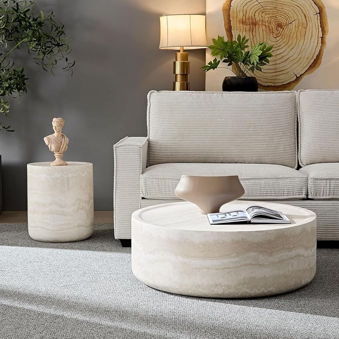 31.49'' Round Coffee Table for Living Room Drum Coffee Table Modern Faux Travertine Stone Coffee Table for Apartment, No Need Assembly (Fiberglass Marble Pattern)