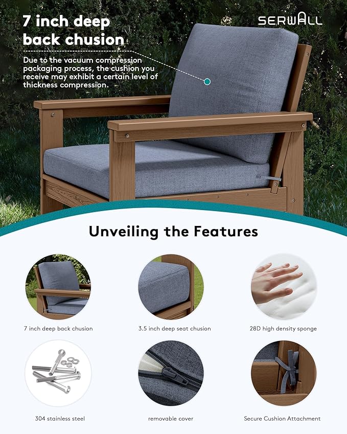 SERWALL HDPE Patio Conversation Set, 6-piece Sectional Outdoor Furniture Set, All Weather Outdoor Couch Set Patio Furniture Set for Deck, Lawn, Grey Frame with Grey Cushion