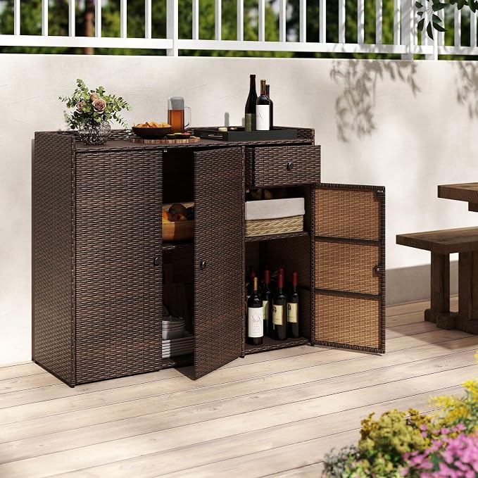 Tangkula Rattan Outdoor Storage Cabinet, Patiojoy Outdoor Cabinet with 2 Adjustable Shelves, 1 Drawer, 3 Doors, Patio Storage Deck Box Table for Patio Garden Poolside