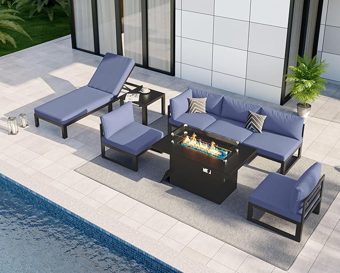 NICESOUL 8 Piece Large Modern Aluminum Patio Furniture Set, Water & Fade Resistant Modular Outdoor Conversation Set with Chaise, 500 lbs Heavy Duty Comfortable Sectional Sofa for Poolside, Denim Blue