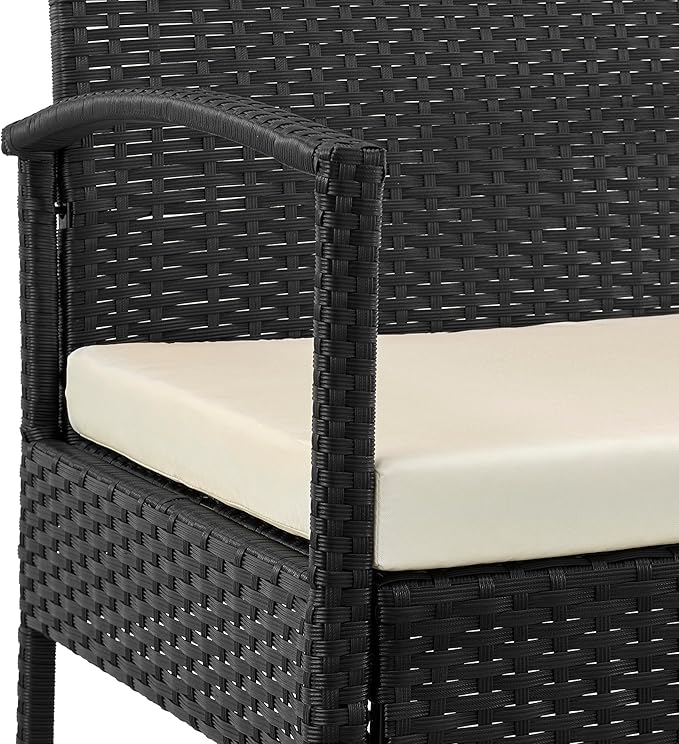 Manhattan Comfort Noli 4-Piece Patio Conversation Set, Outdoor Furniture Made of Steel Rattan | Includes 2 Modern Armchairs, Loveseat, Tempered Glass Coffee Table, Removable Waterproof Cushions, Cream