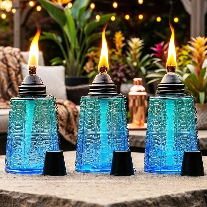 Seraphic Citronella Table Top Torches for Outdoor Patio, 16oz Decorative Glass Torch Citronella Candles for Outside Deck, Garden, Parties, Set of 3, Tropical Blue