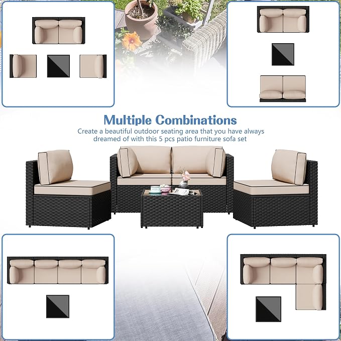 Patio Furniture Sets, 5 Piece Outdoor Sectional Sofas, Wicker Rattan Outdoor Furniture Patio Conversation Set, All-Weather PE Rattan Outdoor Couch for Backyard, Garden, Black & Khaki