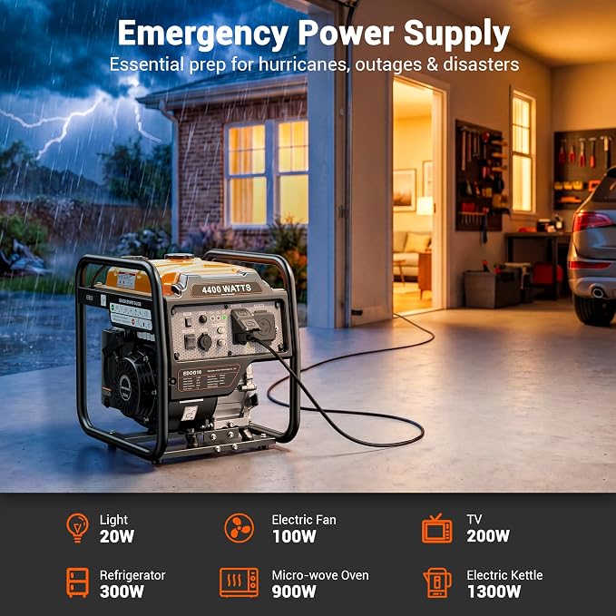 4400 Watts Open Frame Inverter Generator, Gas Powered Portable Generator for Home Backup, RV Ready 30A Outlet, ECO Mode, Quiet Operation, Low Oil Shutoff, Emergency Power, EPA Compliant