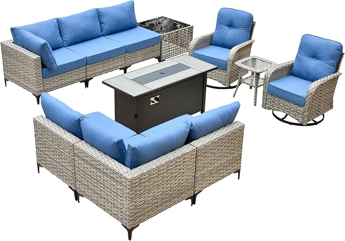 Outdoor Patio Furniture Sets,11 PCS Patio Conversation Set Outside Rattan Sectional Sofa with 54 in Fire Pit Table Wicker Rocking Chair Coffee Table Fit Backyard Porch Garden Poolside Balcony