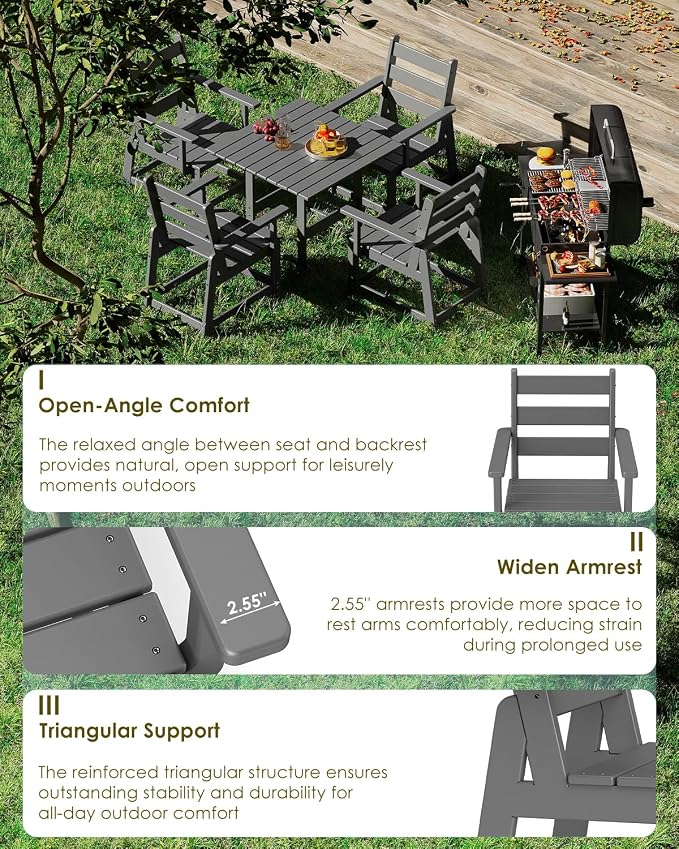 GREENVINES Patio-Chair | Outdoor Dining Chairs Set of 2 | HDPE Plastic | Removable Armrests | All Weather | for Backyard Deck Poolside Garden | Grey