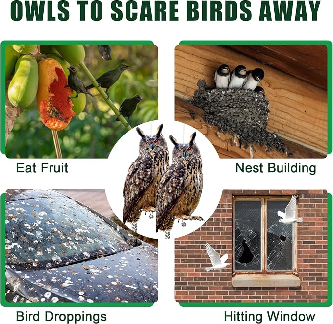 Owls to Keep Birds Away: 4Pack Fake Owl with Reflective Tape for Vineyard Garden Patio Pool, Reflective Hanging Decoration to Keep Birds Pigeon from Windows Tree Orchard