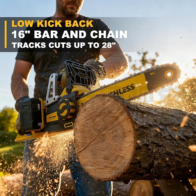 40V(20V*2) 16" Brushless Chainsaw Cordless, Electric Chainsaw Fully Compatible with DeWalt 20V MAX, Auto-Oiling, Tool-Free Tensioning, Safety Chain Brake, Batteries and Charger Not Included