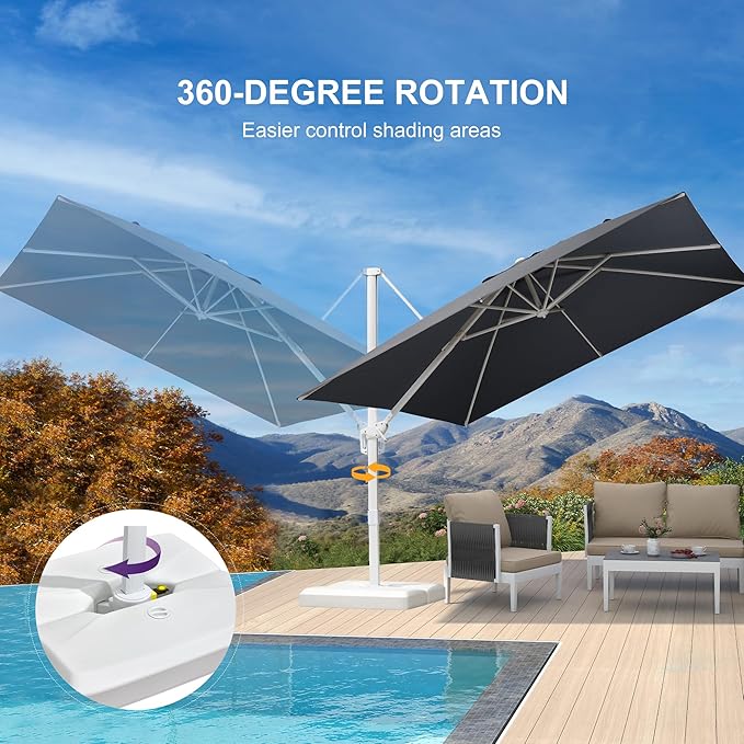 PURPLE LEAF 10 FT Patio Umbrella With Base White Cantilever Umbrella Square Outdoor Offset Umbrella Windproof with 360° Rotation for Garden Deck Pool, Light Grey