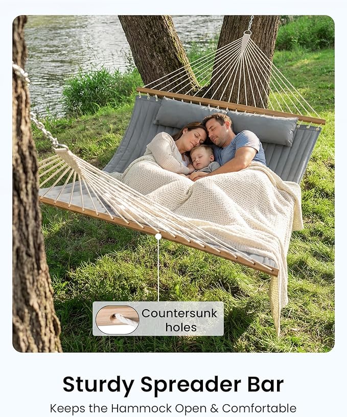 Double Hammock with Spreader Bar & Pillow, 2-Person Portable Hammock, 500lbs Capacity for Outdoor Camping, Patio, Backyard, Garden, Beach & Travel Relaxation – Gray