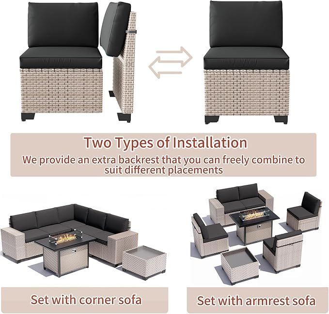 7 Pieces Patio Furniture Set with Fire Pit Table, Outdoor Sectional Wicker Sofa with Thickened Cushions and Coffee Table, High Back Rattan Patio Conversation Sets, Black