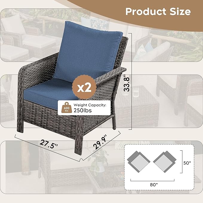 Brafab 2 Peices Patio Single Chairs Set, PE Rattan Wicker Chair Conversation Set with Washable Cushion, Outdoor Conversation Furniture for Garden Poolside Balcony, Blue