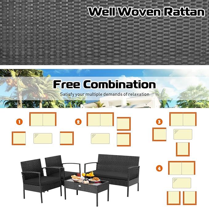 Tangkula 8 Piece Patio Rattan Conversation Set, Outdoor Wicker Furniture with Glass Coffee Table, Solid Steel Structure, Ergonomic Seat, Suitable for Garden, Courtyard, Balcony, Poolside