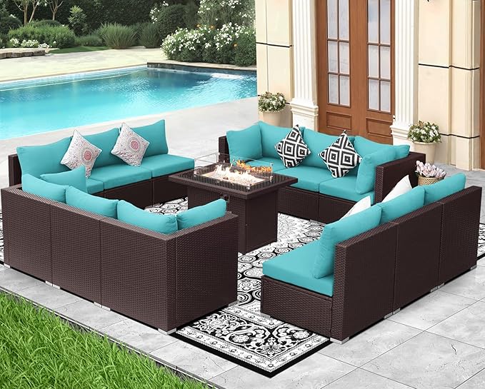 NICESOUL 13 Piece Patio Furniture w/Fireplace, Elegant Outdoor Seating w/Firepit, XL 29.3'' High Back Sectional Sofa, All-Weather Rattan Deck Couch, Modular Sturdy Conversation Set, Brown & Teal
