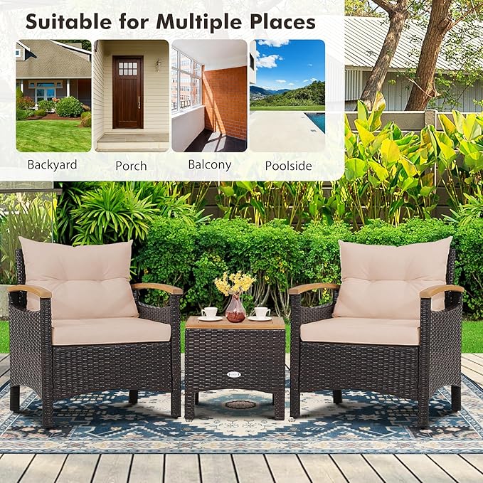 KOTEK 3-Piece Patio Furniture, Outdoor Conversation Set with Removable Cushions, Acacia Wood Tabletop and Armrests, PE Rattan Wicker Bistro Set for Porch, Balcony, Backyard (Beige)