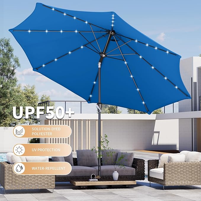 Kingdura 9FT Outdoor Patio Umbrella with Solar Lights, Market Table Umbrella with Push Button Tilt & Crank, 8 Sturdy Ribs, 32 LED Lights, UV Protection for Garden Lawn Deck Backyard Pool (Royal blue)
