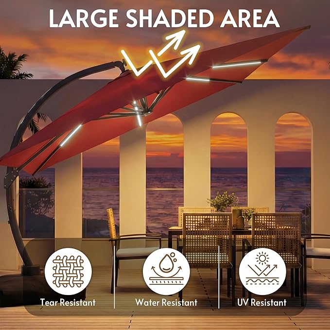 11x11FT Solar Powered LED Light Cantilever Patio Umbrella with Base Included, Large Cantilever Umbrella with 360°Rotation, Heavy-Duty Offset Outdoor Umbrella for Patio,Pool,Backyard (Red)