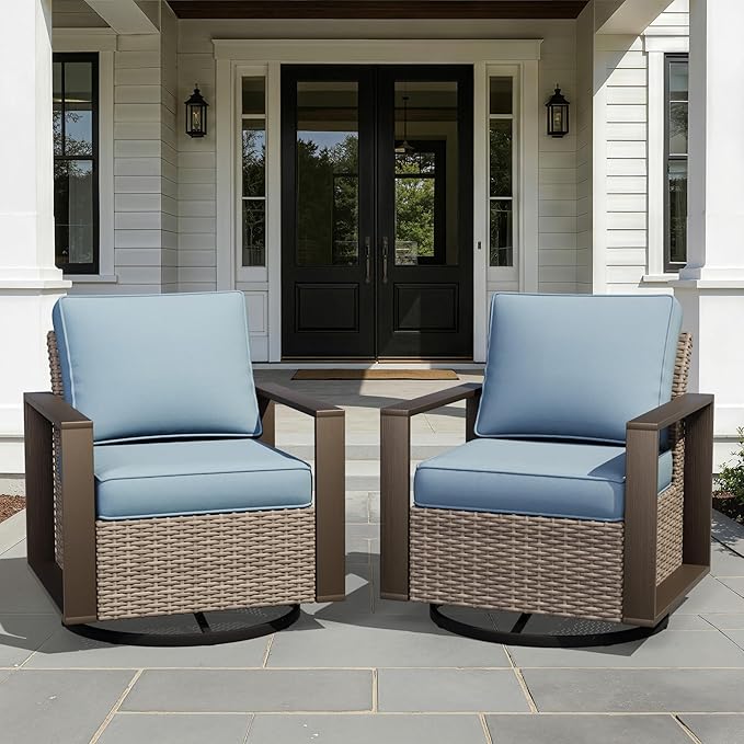 Joyside Outdoor Patio Swivel Rocker Chairs Set, 2 Pieces Wicker Rattan Chairs with Metal Wide Armrest, Thick Cushions and Deep Seating for Garden, Backyard, Porch, Deck