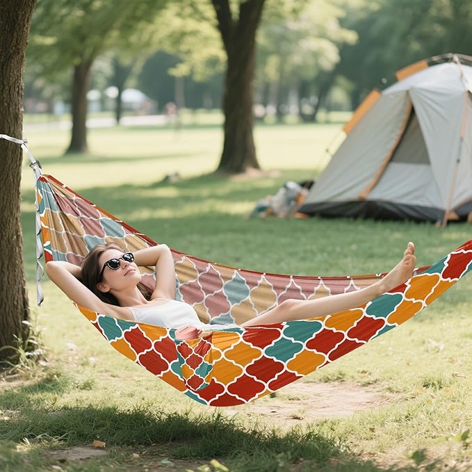 Camping Hammock Outdoor Hammocks for Outside Trellis Lattice Red Orange Beach Trees Portable Lightweight with Pockets Tree Straps Indoor