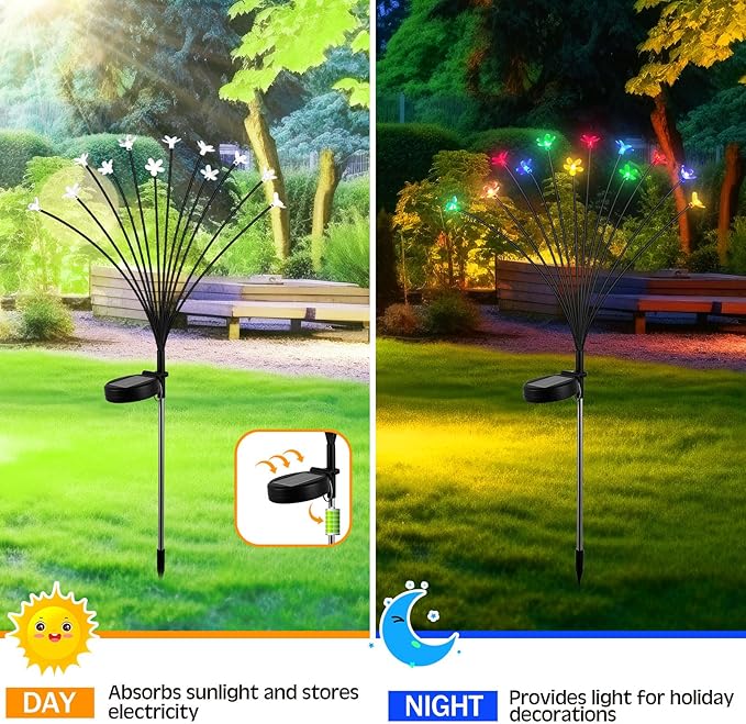 Rossesay 4 Pcs Solar Firefly Lights for Garden Swaying Lights Decoration Outdoor Garden Fairy Light for Yard Pathway Patio Lawn Waterproof Firefly Stake for Outside Holiday Decor(Flower)