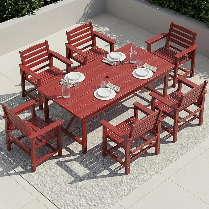 Outdoor HDPE Dining Set 7 Pieces, Patio Table with Umbrella Hole and 6 Chairs, All Weather Patio Furniture for Lawn, Garden, Backyard, Deck, Poolside, Outdoor Dining Table and Chairs, Red