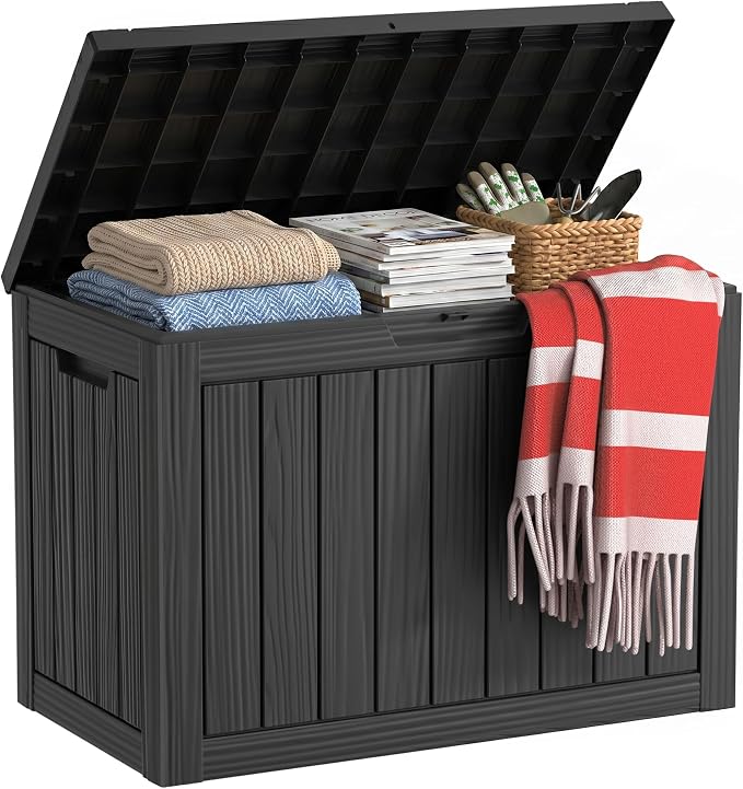 EasyUp 45 Gallon Outdoor Storage Box, Resin Waterproof UV-Resistant Deck Box, Reinforced Stability for Patio, Garden, and Poolside, Striped Black