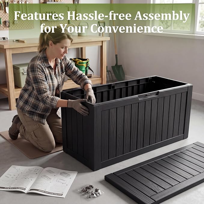 90 Gallon Deck Box Outdoor Storage Box Waterproof & Resin For Patio Furniture,Outdoor Cushions,Garden Tools and Pool Supplies Black