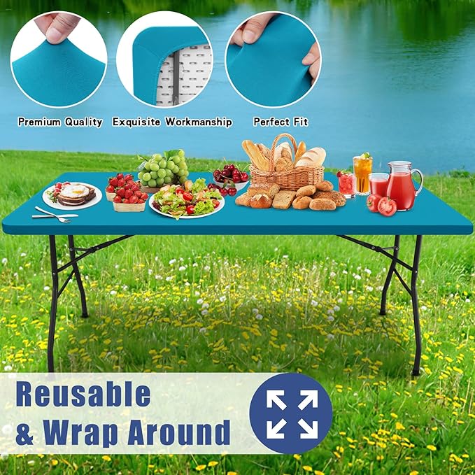 Moosfor Spandex 5 Foot Rectangle Table Cloth 2 Pack, Elastic Fitted Tablecloths for Picnic, Stretch Washable Patio Table Cover for Outdoor, Camping, Banquet and Parties (Teal, 30"x60")